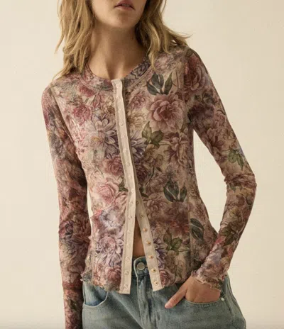 Promesa Floral-print Mesh Snap-front Long Sleeve Top In Multi