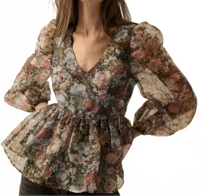 Promesa Floral Print Organza Puff-sleeve Peplum Top In Multi In Brown
