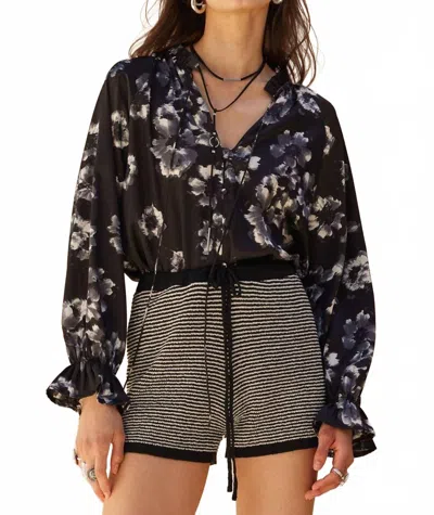 Promesa Floral-print Satin V-neck Buttoned Ruffle-cuff Top In Black