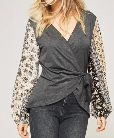 Promesa Floral Sleeve Wrapped Knit Top In Cream/grey In Gray