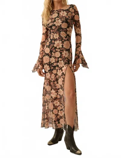Promesa Floral Trumpet-sleeve Asymmetrical Maxi Dress In Black In Brown