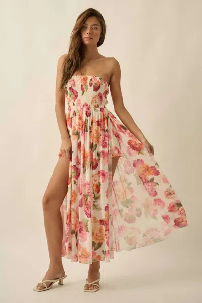 Promesa Floral-print Mesh Smocked Strapless Maxi Dress In Cream/pink In Multi