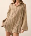Promesa Free To Be Pleated Lace-trim Mini Shirt Dress In Sand In Brown