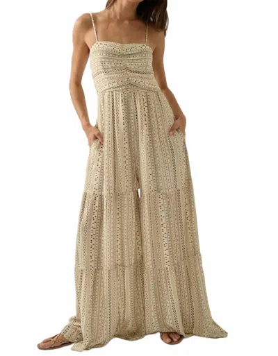Promesa Geometric Print Ruched Wide-leg Tiered Ruffle Jumpsuit In Oatmeal In Neutral