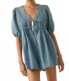 Promesa Josie Puff Sleeve Pleated Romper In Denim Blue In Blue