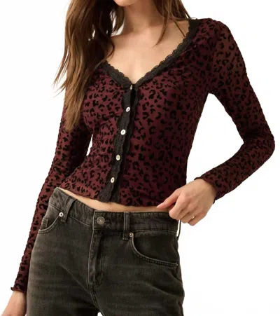 Promesa Leopard Mesh Lace-trim Button-front Top In Burgundy In Multi