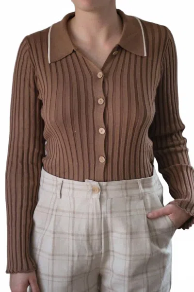 Promesa Lila Self Button Ribbed Knit Sweater In Brown In Green