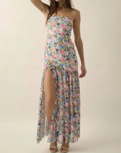 Promesa Mesh Strapless Maxi Dress In White Floral In Multi