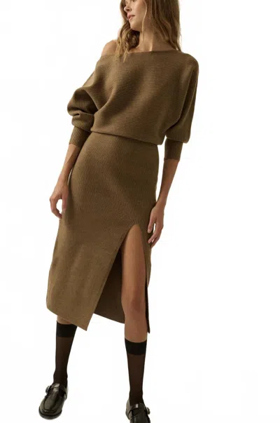 Promesa Rib-knit One-shoulder Dolman Midi Sweater Dress In Olive Brown In Multi