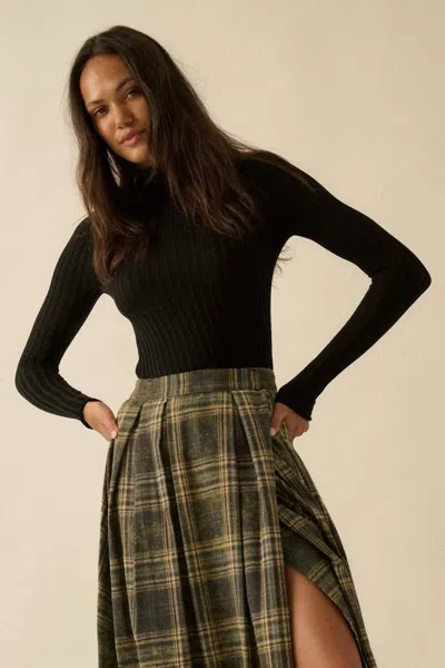 Promesa Sheer Ribbed Knit Mock Neck Top In Black