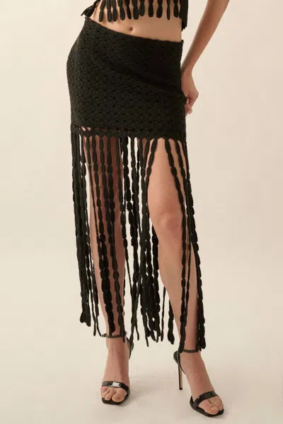 Promesa Solid Crochet Eyelet-knit Fringe Maxi Skirt In Black