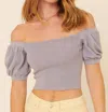 Promesa Speckled Rib Knit Off Shoulder Puff Crop Sweater In Lilac In Blue