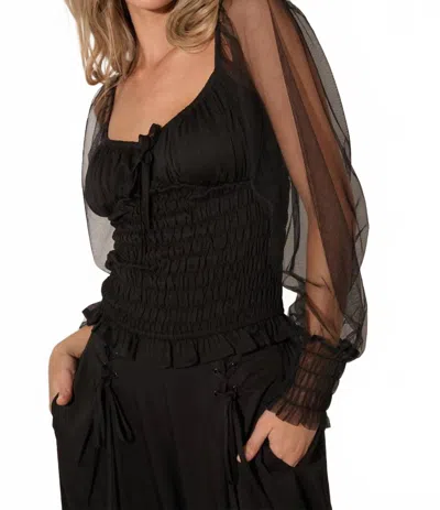 Promesa Square Neck Sheer Long Sleeve Smocked Top In Black