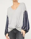Promesa Sunday Funday Stripe Print Sleeve Top In Grey/navy In Multi