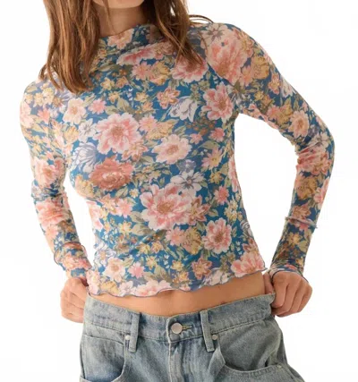 Promesa Wild Blooms Floral Mesh Thumbhole Top In Retro Blue In Gold
