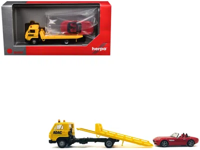 Promotex Flatbed Tow Truck "adac" Yellow And Bmw Z4 Convertible Red Set Of 2 Pieces 1/87 (ho) Plastic Model C In Multi