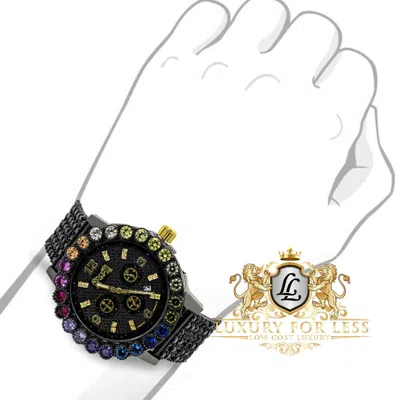 Pre-owned Prong Set Rainbow Black Gold Multi Tone Custom Time Piece Men's Watch Xl W/date