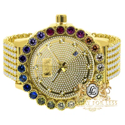 Pre-owned Prong Set Rainbow Multi Gold Tone Real Diamond Dial Men's Custom Watch Big 55mm