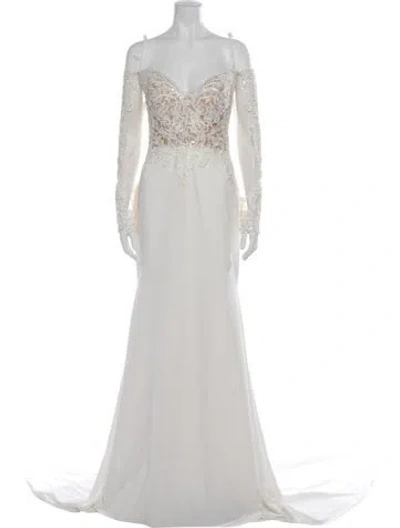 Pre-owned Pronovias Lace Pattern Long Dress In Grey
