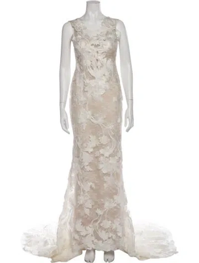Pre-owned Pronovias Lace Pattern Long Dress In Neutral