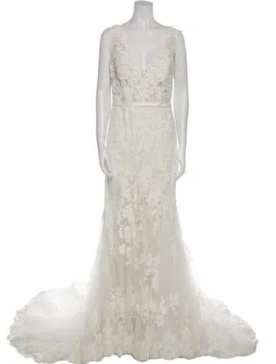 Pre-owned Pronovias Lace Pattern Long Dress In Neutral