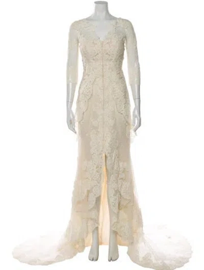 Pre-owned Pronovias Lace Pattern Long Dress In Neutral