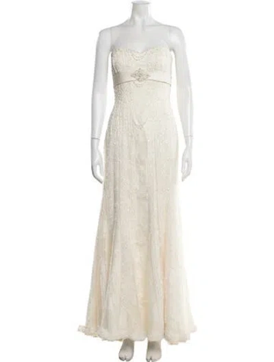 Pre-owned Pronovias Lace Pattern Long Dress In Neutrals