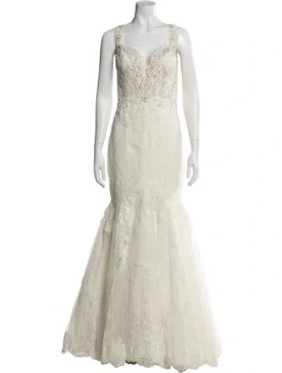 Pre-owned Pronovias Lace Pattern Long Dress In Neutrals