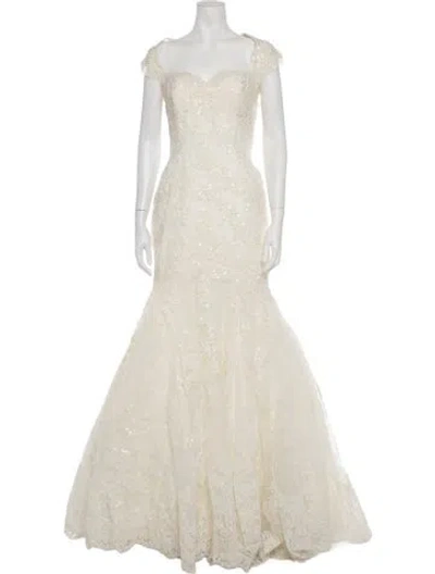 Pre-owned Pronovias Lace Pattern Long Dress In Neutrals