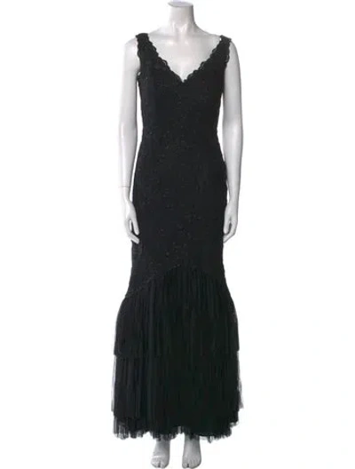 Pre-owned Pronovias V-neck Long Dress In Black