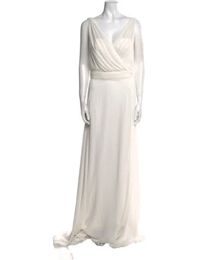 Pre-owned Pronovias V-neck Long Dress In White