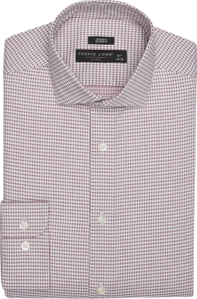 Pronto Uomo Modern Fit Check Spread Collar Dress Shirt Burgundy - Size: 16 1/2 34/35 - Only Available At Men's W In Purple