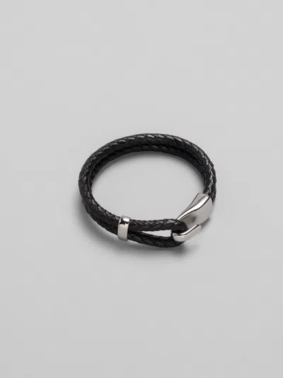 Pronto Uomo Metal Hook Double Leather Bracelet In Black