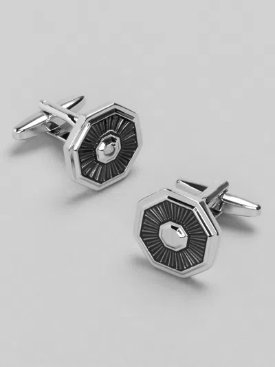 Pronto Uomo Octagon Fluted Black Border Cufflinks In Metallic