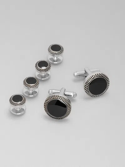 Pronto Uomo Round Black Obsidian Antique Border Cufflink & Stud Set
