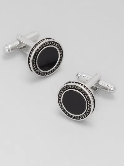 Pronto Uomo Round Black Obsidian Chain Border Cufflinks In Gray