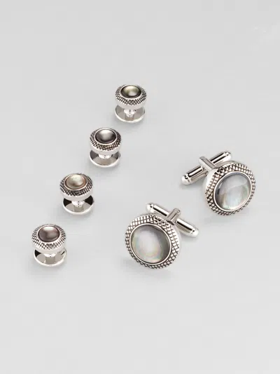 Pronto Uomo Round Etched Frame Clear Stone Cufflink And Stud Set In Silver