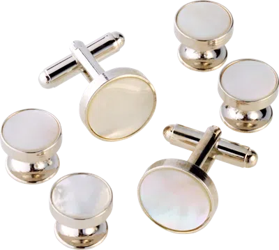 Pronto Uomo Round Pearl Sterling Silver Cufflinks & Studs Set