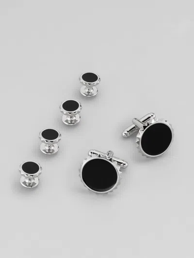 Pronto Uomo Round Spike Edged Cufflink And Stud Set In Silver