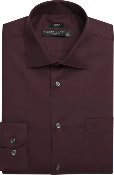 Pronto Uomo Slim Fit Solid Sharkskin Dress Shirt In Burgundy