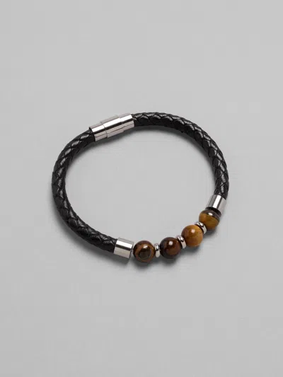 Pronto Uomo Tiger's Eye Bead Leather Bracelet In Black