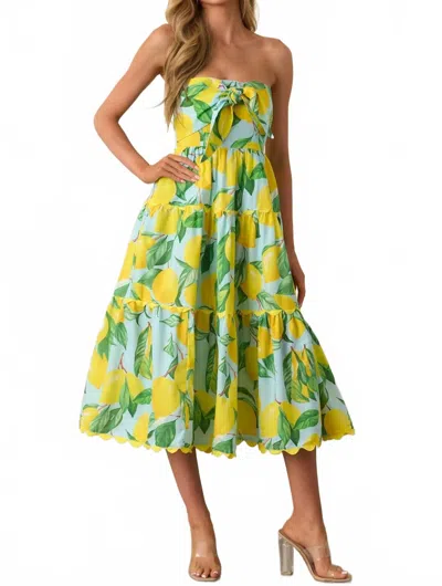 Prosperina Elena Strapless Midi Dress In Blue Lemon In Yellow