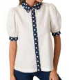 Prosperina Penny Button Front Top In White/navy Dot In White