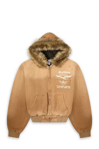 Protocol Index Detachable Fur Hoodied Work Jacket Beige In Brown