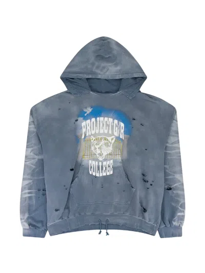 Protocol Index Distressed Graphic-print Hoodie In Blue