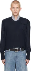 Prototypes Navy Moved Neckline Military Knit Sweater In Blue Knit
