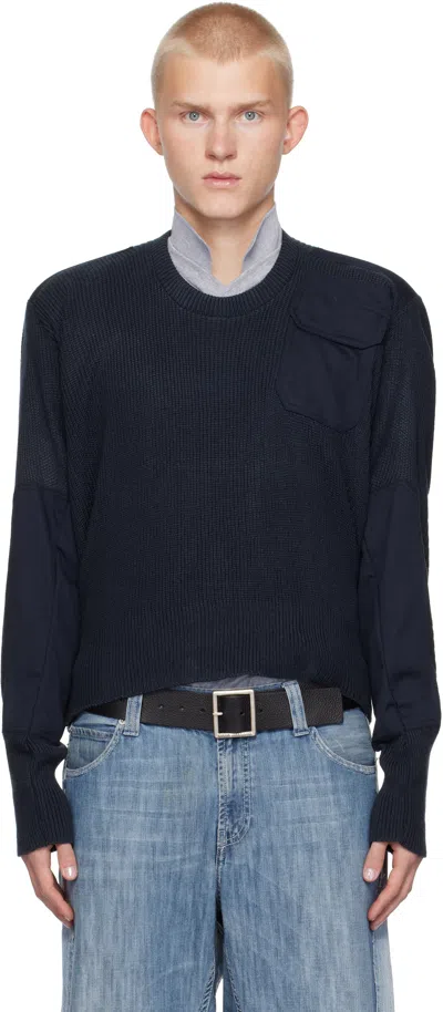 Prototypes Navy Moved Neckline Military Knit Sweater In Blue Knit
