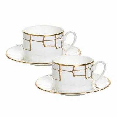 Prouna Alligator Gold - Set Of 2, Cups & Saucer W/ Crystals In Gold,white