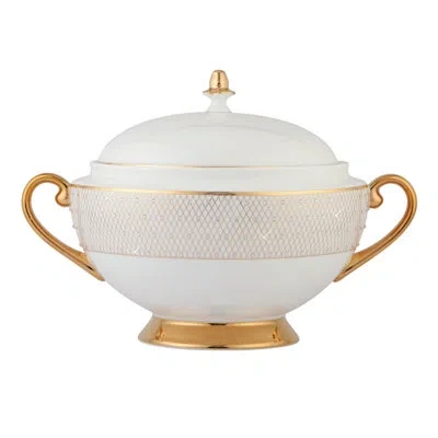 Prouna Bone China Covered Soup Tureen/vegetable Bowl In White;gold