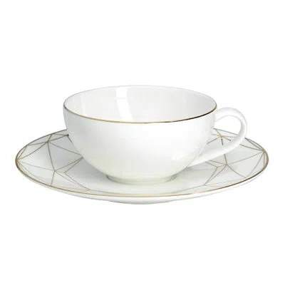 Prouna Gem Cut Gold Bone China Teacup And Saucer In White;gold